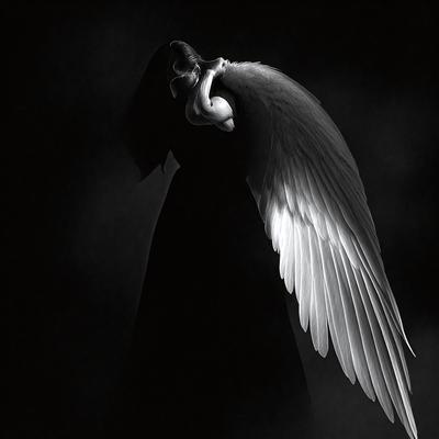 The primary subject of the image is a woman with wings, possibly an angel or a superhero. She is wearing a black dress and has her arms around her body. The setting is a dark room, which adds to the dramatic atmosphere of the scene. The visual style of the image is a combination of photo and digital art, creating a unique and intriguing appearance. The colors in the image are predominantly black and white, with the woman's wings being the only colorful element. The overall mood of